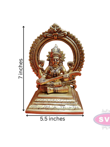 Brass Saraswathi Devi Sitting With Prabhavali / 7 Inches