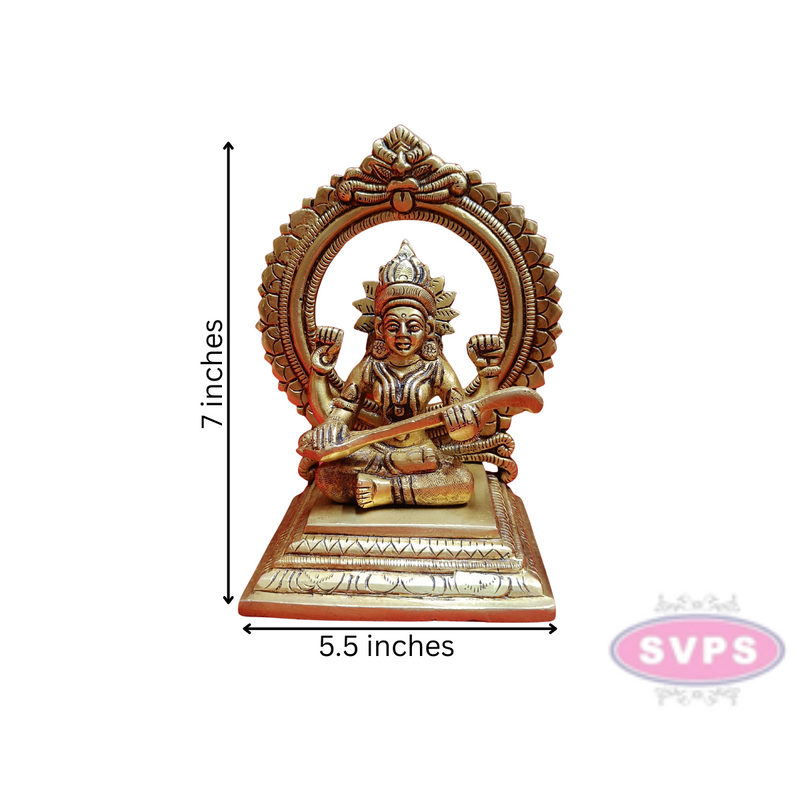 Brass Saraswathi Devi Sitting With Prabhavali / 7 Inches