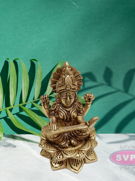 Brass Saraswathi Sitting On Lotus / Showpiece