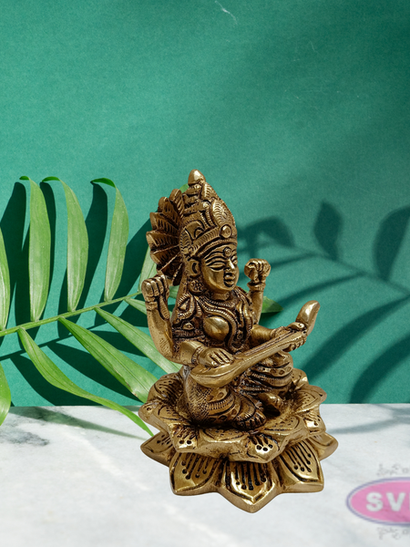 Brass Saraswathi Sitting On Lotus / Showpiece