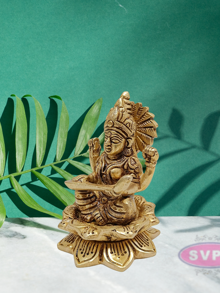 Brass Saraswathi Sitting On Lotus / Showpiece