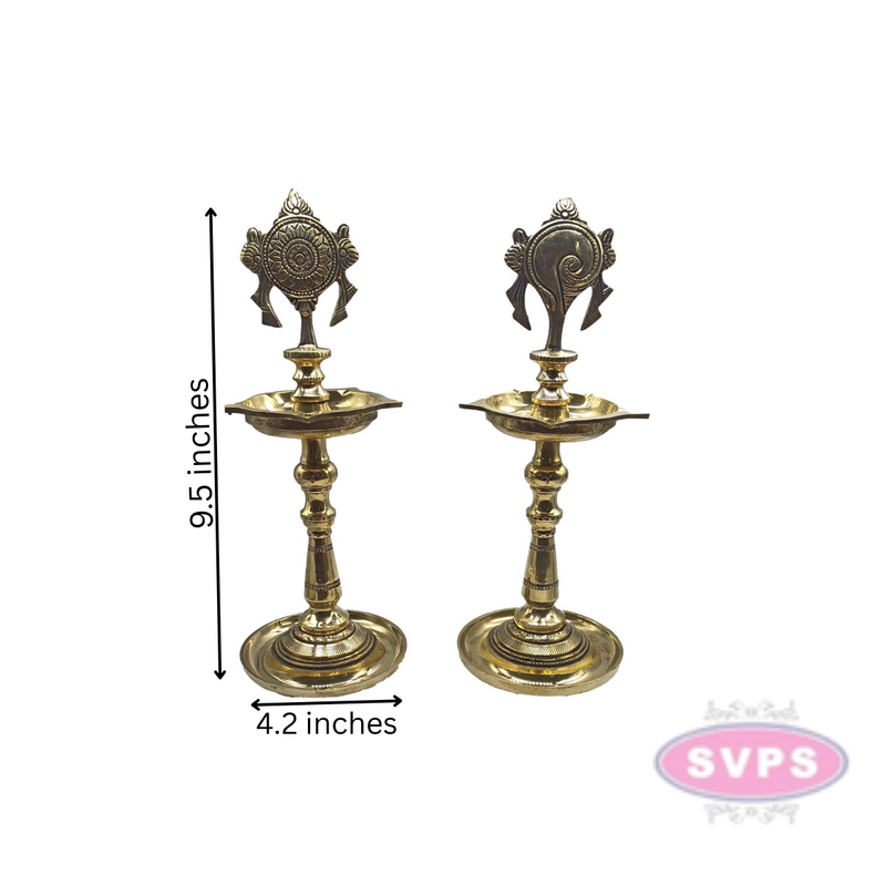 Brass Shankh Chakra Vilakku /  Traditional Indian Pooja Lamp Set