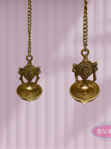 Brass Shanku Chakra Hanging Lamp / 1 Face Diya / Villaku Set With Chain