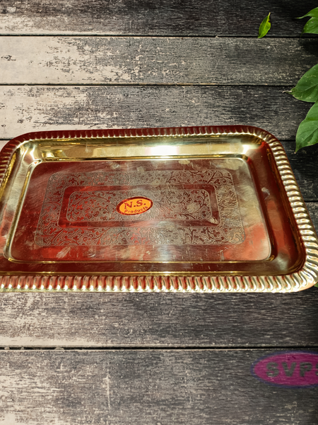 Rectangular Floral Engraved Brass Serving & Pooja Plate – Traditional Design
