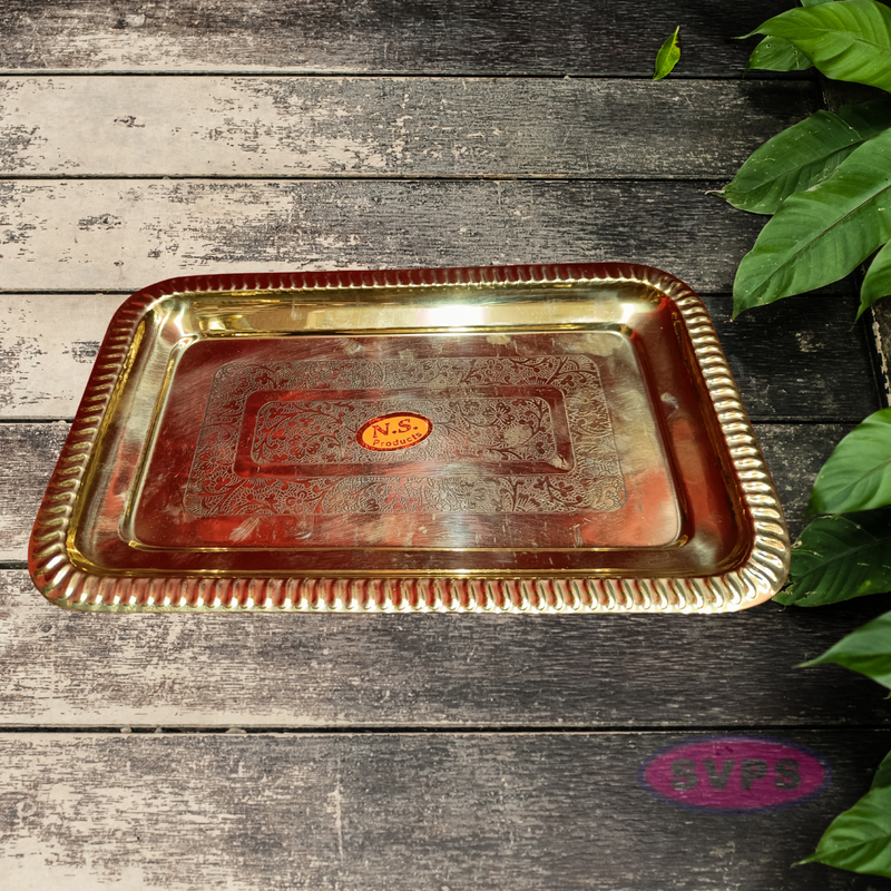 Rectangular Floral Engraved Brass Serving & Pooja Plate – Traditional Design