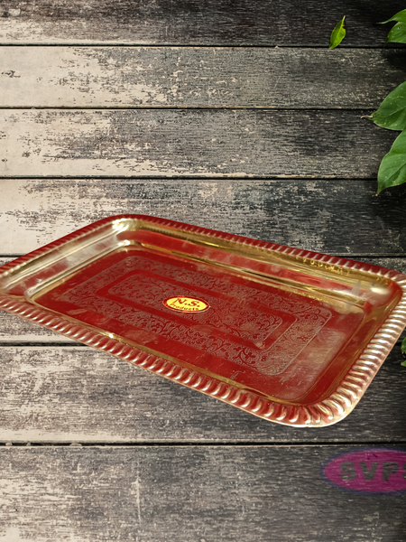 Rectangular Floral Engraved Brass Serving & Pooja Plate – Traditional Design
