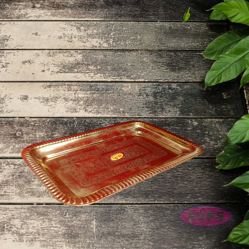 Rectangular Floral Engraved Brass Serving & Pooja Plate – Traditional Design