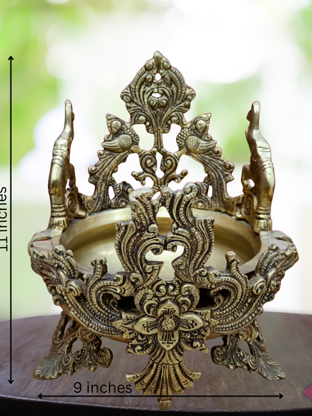 Brass Antique Indian Elephant Peacock Urli For Decor