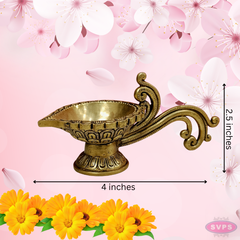 Brass Antique Lotus Diya With Curved Handle For Temple