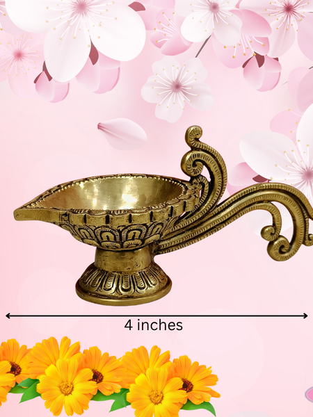 Brass Antique Lotus Diya With Curved Handle For Temple