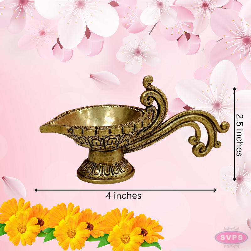 Brass Antique Lotus Diya With Curved Handle For Temple