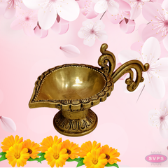 Brass Antique Lotus Diya With Curved Handle For Temple