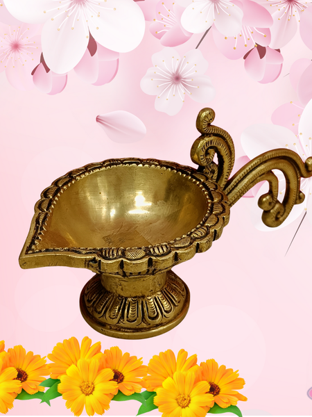Brass Antique Lotus Diya With Curved Handle For Temple