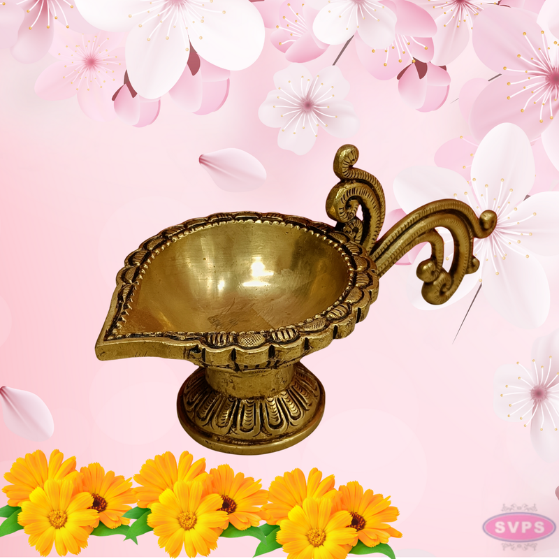 Brass Antique Lotus Diya With Curved Handle For Temple