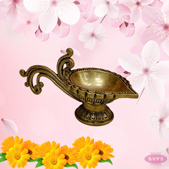 Brass Antique Lotus Diya With Curved Handle For Temple