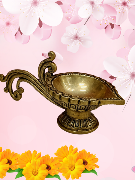 Brass Antique Lotus Diya With Curved Handle For Temple
