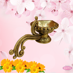 Brass Antique Lotus Diya With Curved Handle For Temple