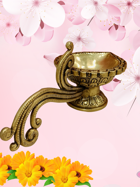 Brass Antique Lotus Diya With Curved Handle For Temple