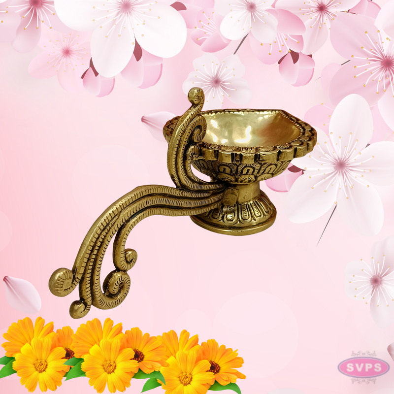 Brass Antique Lotus Diya With Curved Handle For Temple