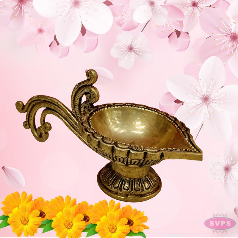 Brass Antique Lotus Diya With Curved Handle For Temple