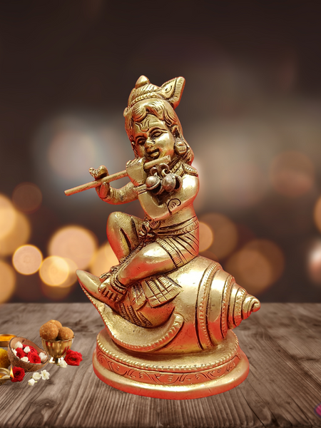 Brass Baby Krishna Seated On Conch /Shank / Playing Flute