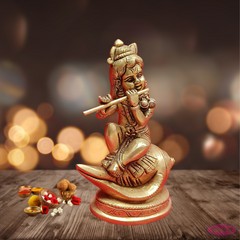 Brass Baby Krishna Seated On Conch /Shank / Playing Flute
