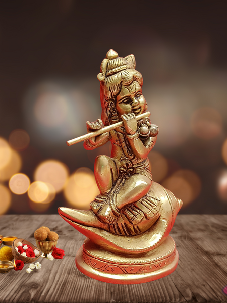 Brass Baby Krishna Seated On Conch /Shank / Playing Flute