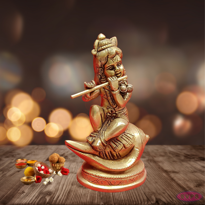Brass Baby Krishna Seated On Conch /Shank / Playing Flute