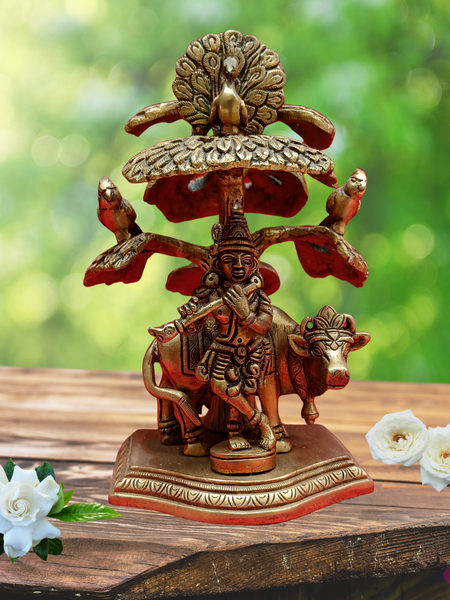 Brass Cow Krishna With Kadamba Tree / Peacock /Parrot