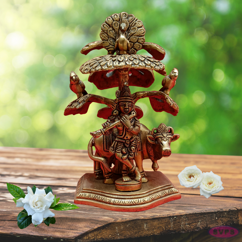 Brass Cow Krishna With Kadamba Tree / Peacock /Parrot