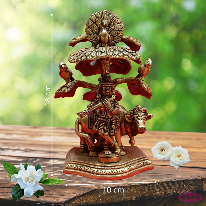 Brass Cow Krishna With Kadamba Tree / Peacock /Parrot