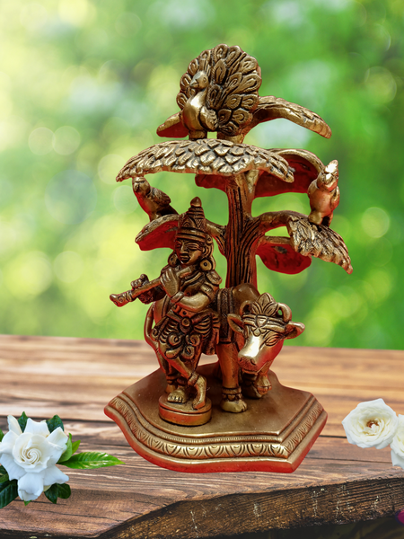 Brass Cow Krishna With Kadamba Tree / Peacock /Parrot