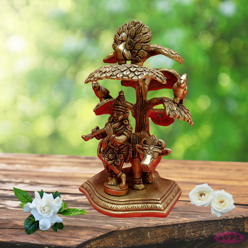 Brass Cow Krishna With Kadamba Tree / Peacock /Parrot