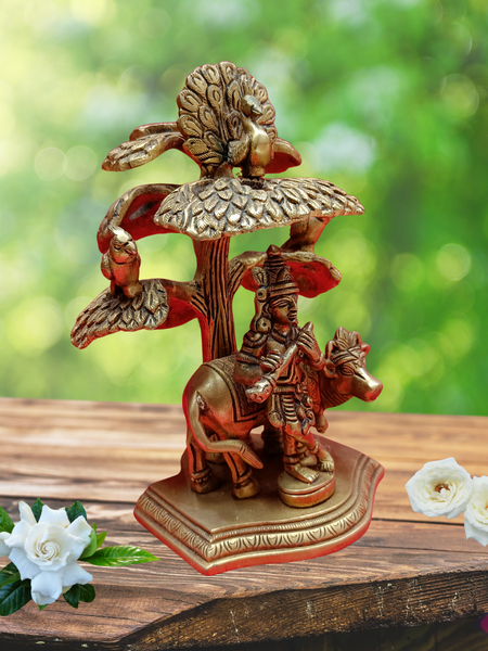 Brass Cow Krishna With Kadamba Tree / Peacock /Parrot