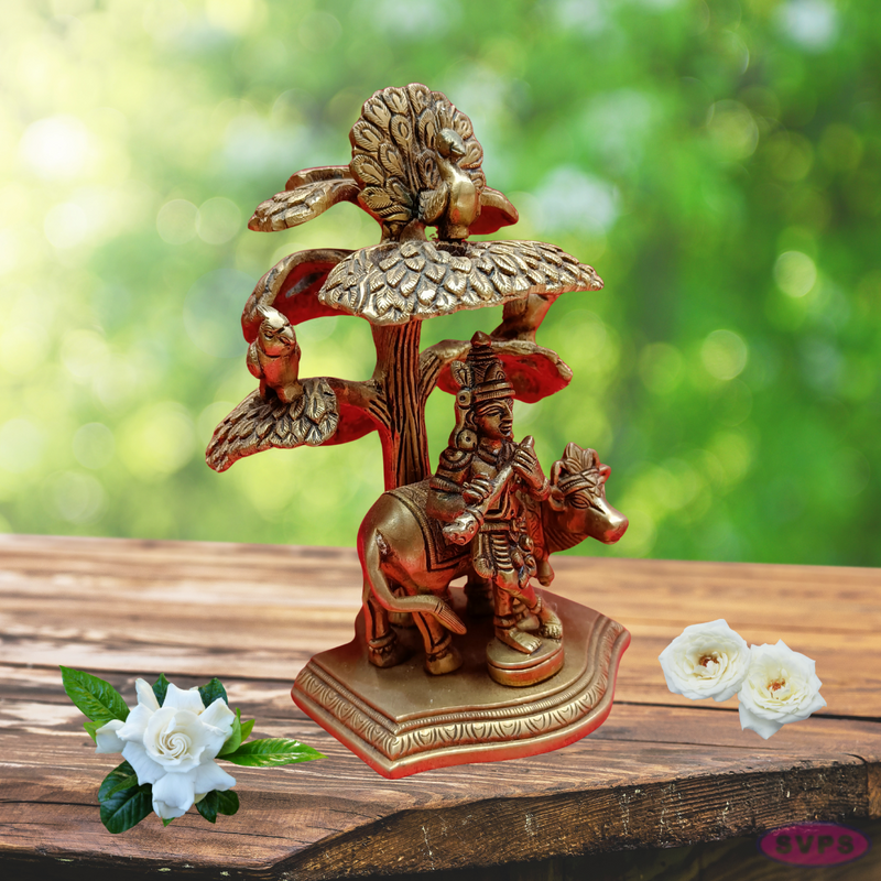 Brass Cow Krishna With Kadamba Tree / Peacock /Parrot