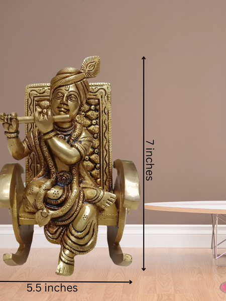 Brass Flute Krishna Sitting On Swing Chair