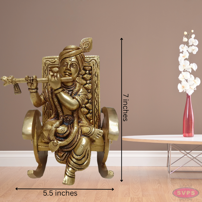 Brass Flute Krishna Sitting On Swing Chair