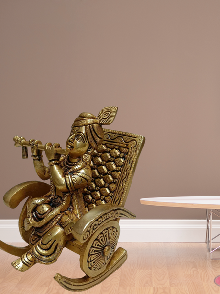 Brass Flute Krishna Sitting On Swing Chair