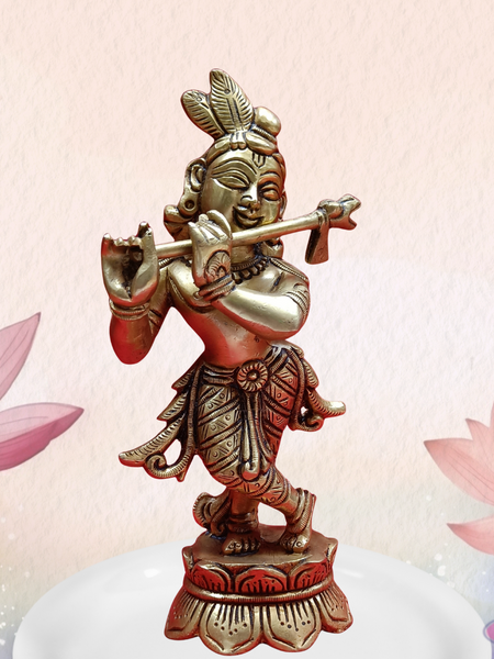 Brass Flute Krishna Standing On Lotus