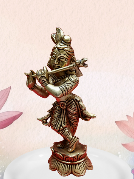Brass Flute Krishna Standing On Lotus