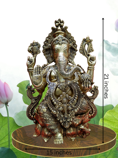Brass Ganesha On Lotus / 21 Inches