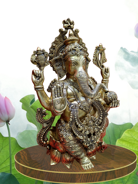 Brass Ganesha On Lotus / 21 Inches