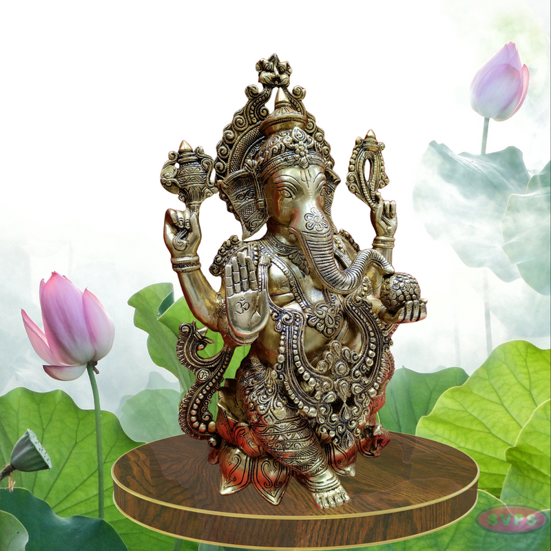 Brass Ganesha On Lotus / 21 Inches