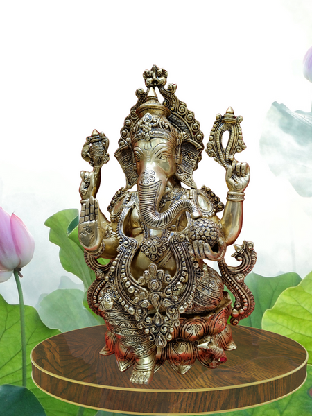 Brass Ganesha On Lotus / 21 Inches