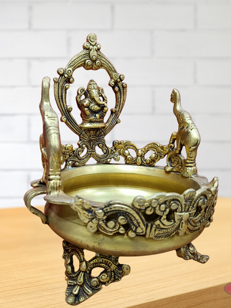 Brass Ganesha With Elephants Traditional Urli Bowl Showpiece For Floating Flowers And Candles