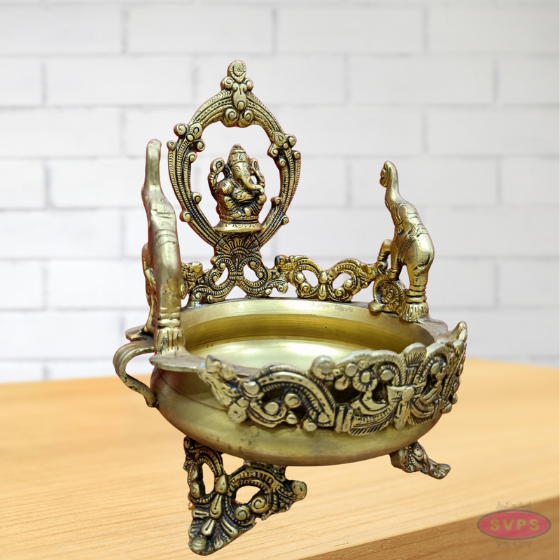 Brass Ganesha With Elephants Traditional Urli Bowl Showpiece For Floating Flowers And Candles