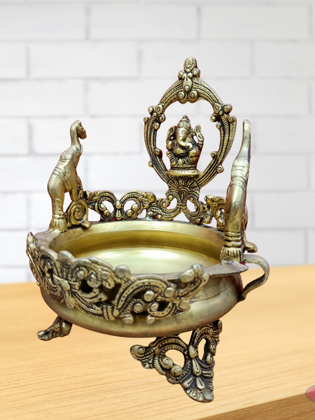 Brass Ganesha With Elephants Traditional Urli Bowl Showpiece For Floating Flowers And Candles