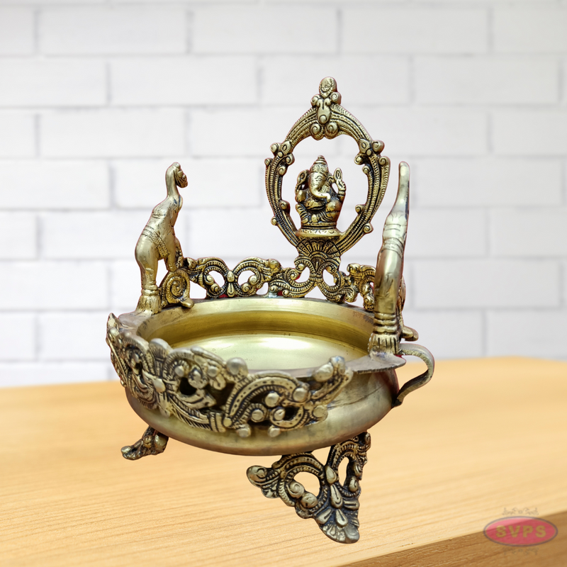 Brass Ganesha With Elephants Traditional Urli Bowl Showpiece For Floating Flowers And Candles