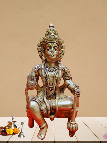 Brass Hanuman Seated On Chowki With  Gada /Mace