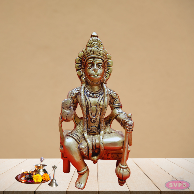 Brass Hanuman Seated On Chowki With  Gada /Mace